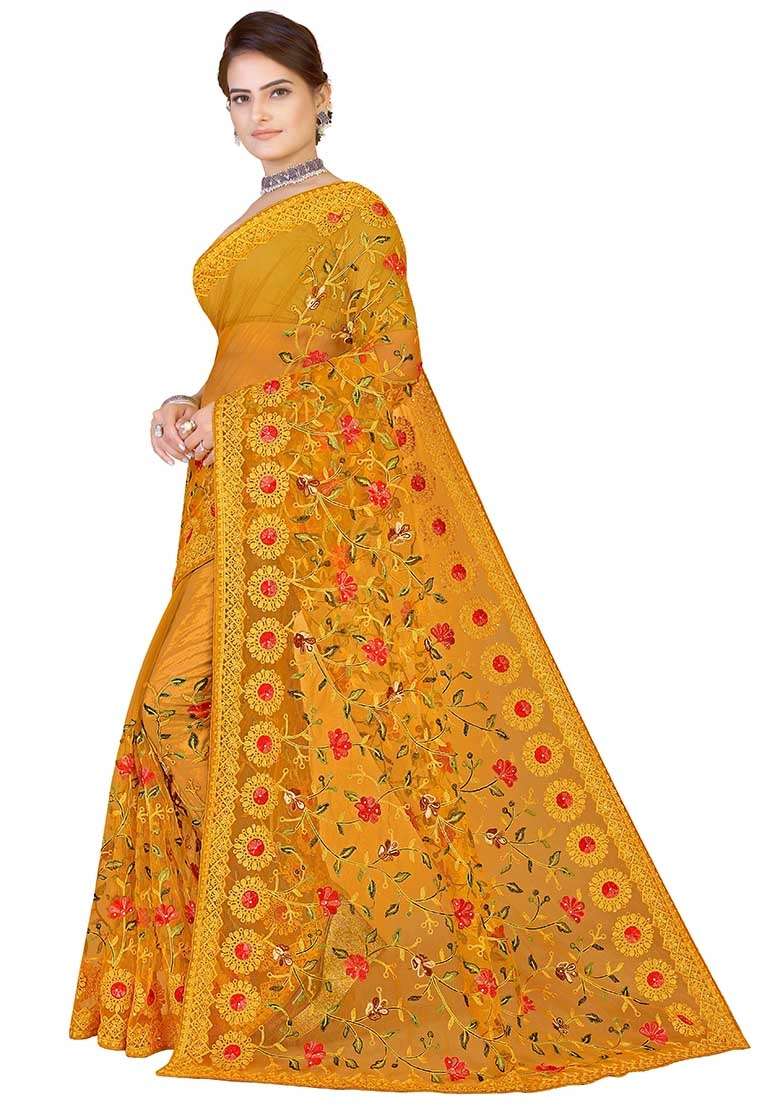 Mustard Embroidered Net Saree Set for Diwali and Festive Wear - Indya