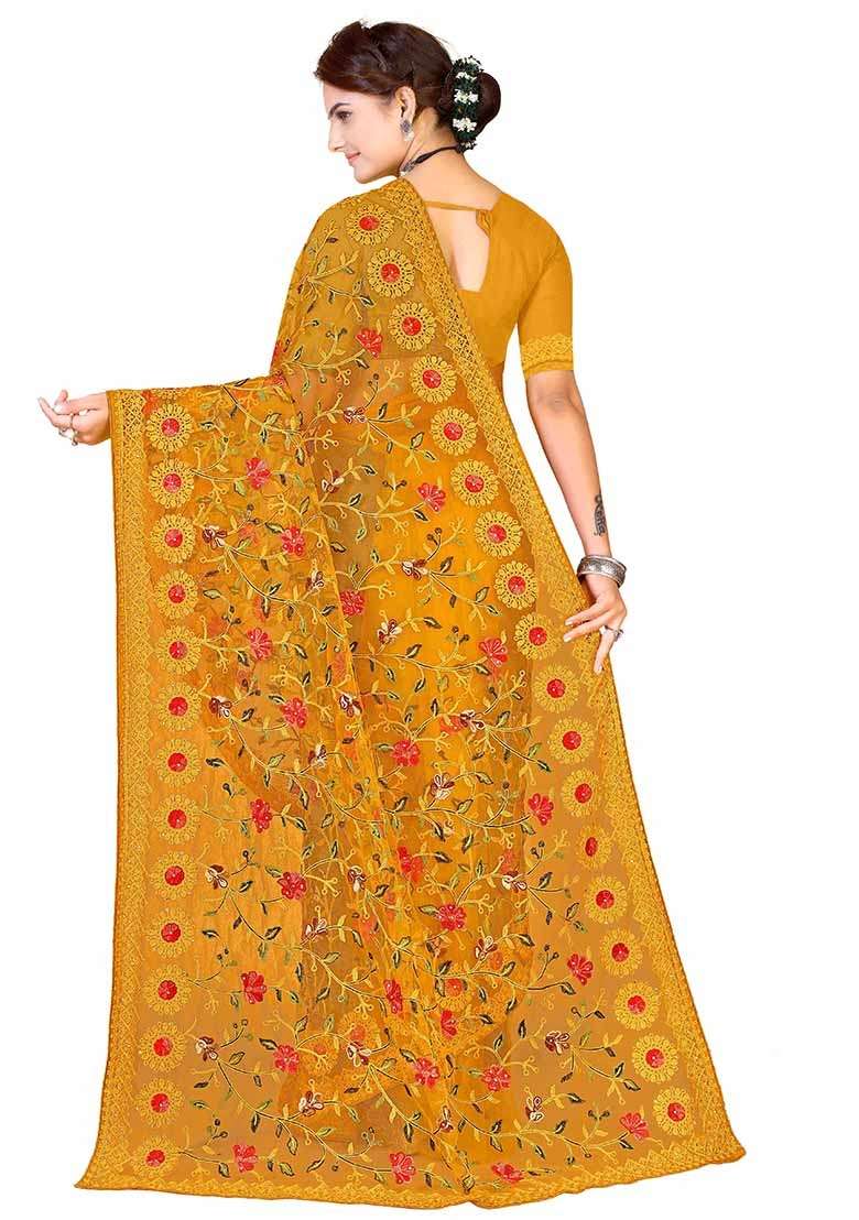 Mustard Embroidered Net Saree Set for Diwali and Festive Wear - Indya