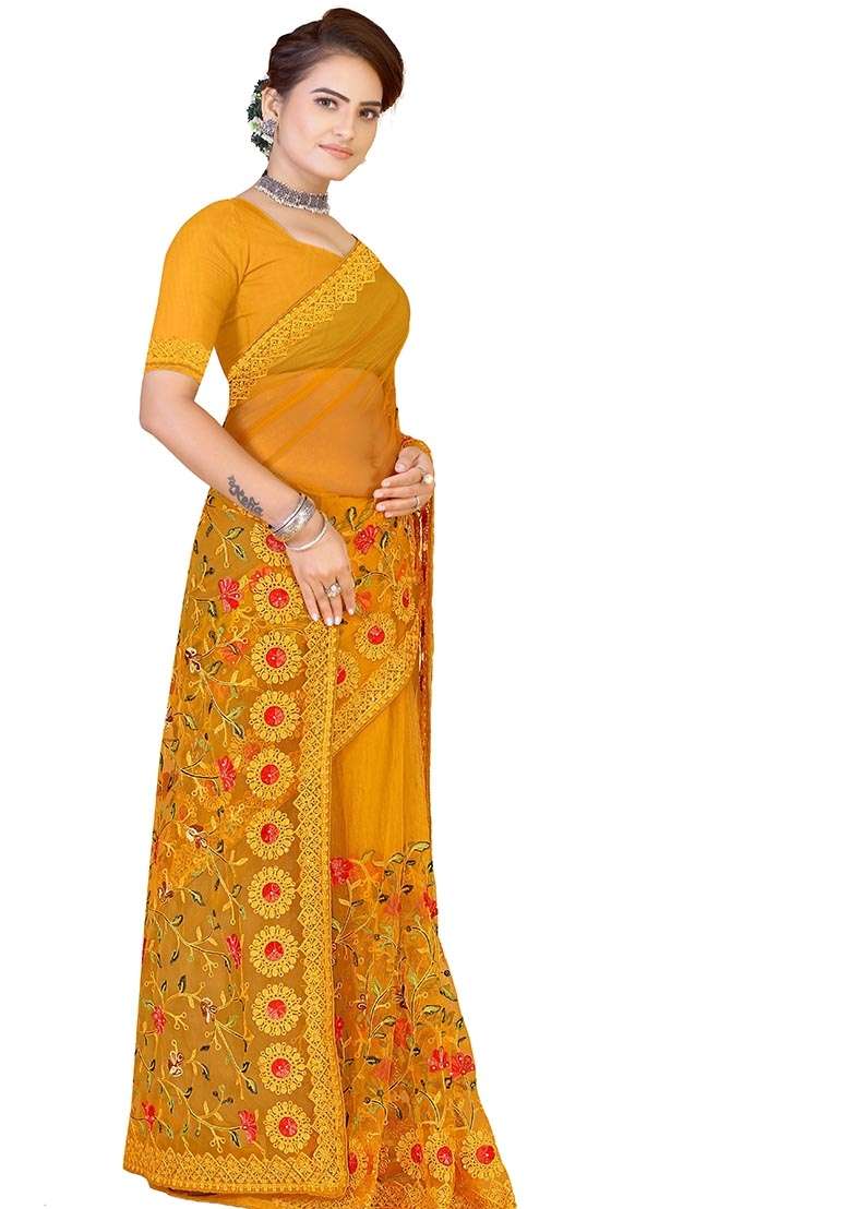 Mustard Embroidered Net Saree Set for Diwali and Festive Wear - Indya