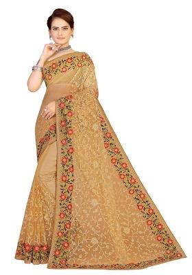 Beige Embroidered Net Saree Set