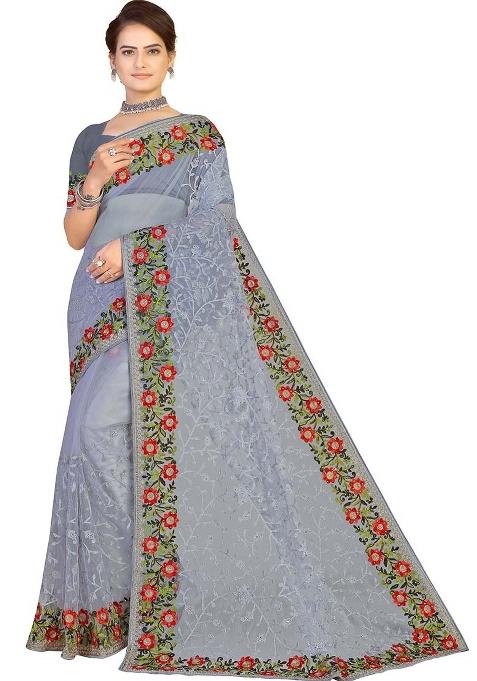 Grey Embroidered Net Saree Set