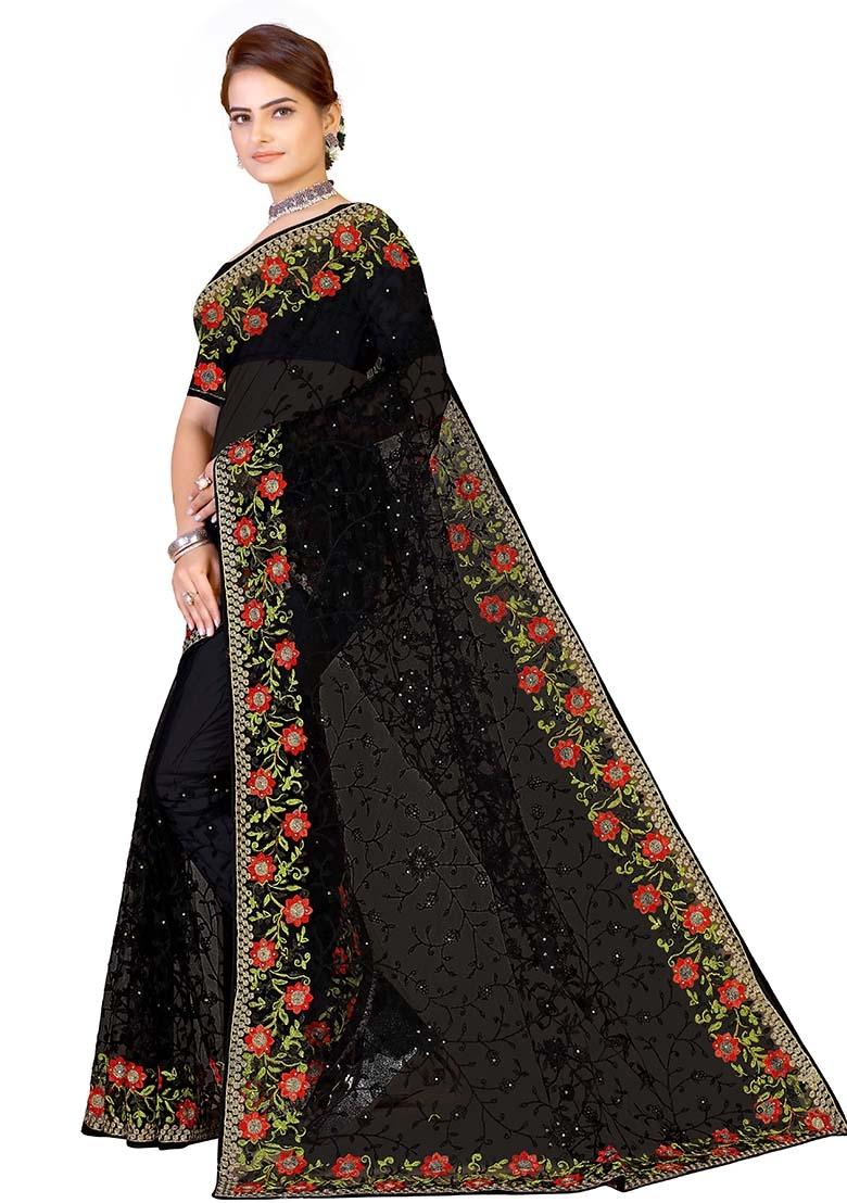 Black Embroidered Net Saree Set - Indya