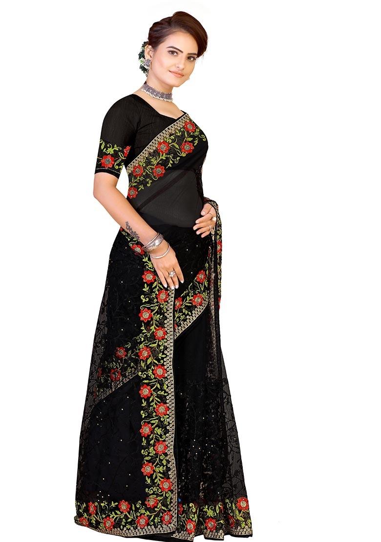 Black Embroidered Net Saree Set - Indya