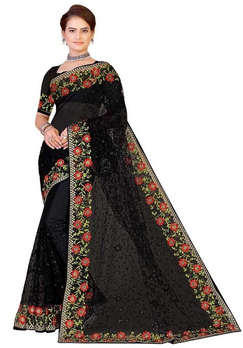 Black Embroidered Net Saree Set