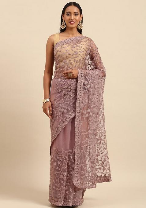Dusty Pink Embroidered Net Saree Set