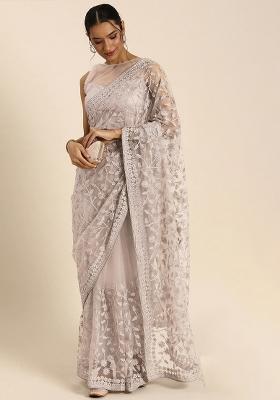 Beige Embroidered Net Saree Set