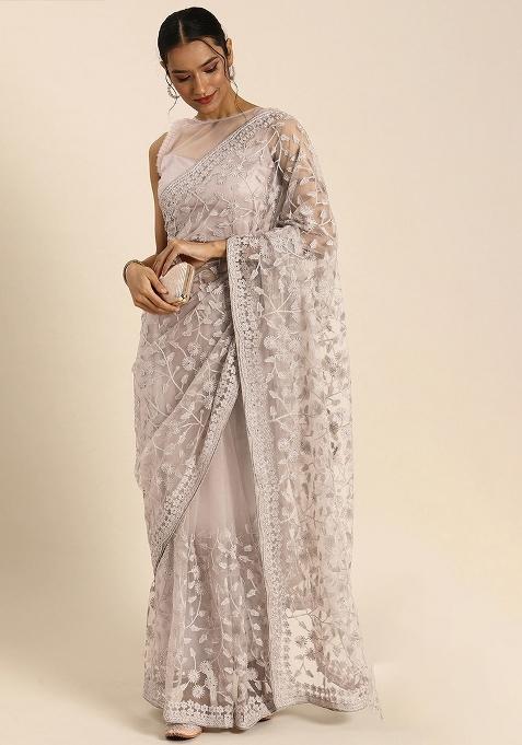 Beige Embroidered Net Saree Set