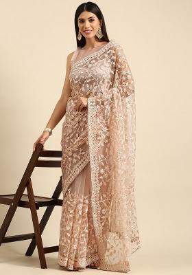 Peach Embroidered Net Saree Set