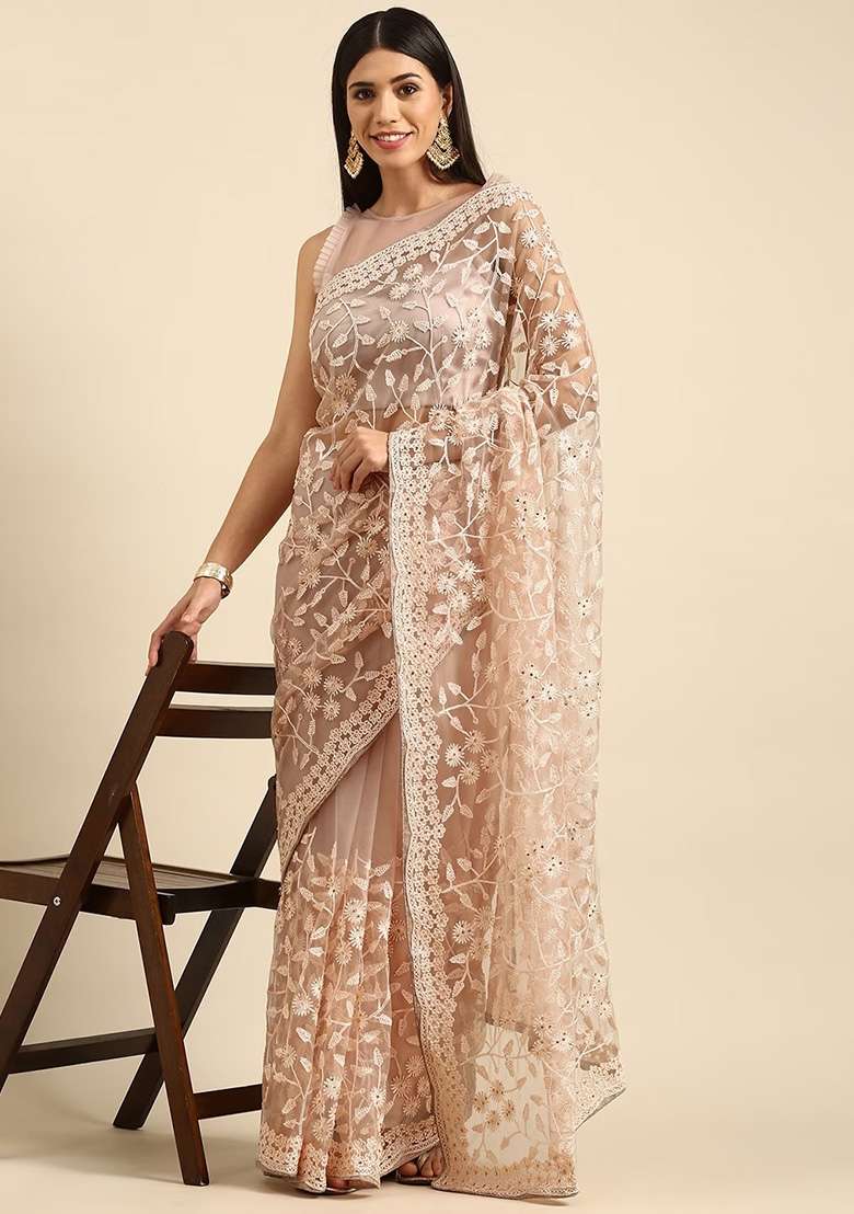 Peach Embroidered Net Saree Set for Diwali and Festive Wear - Indya