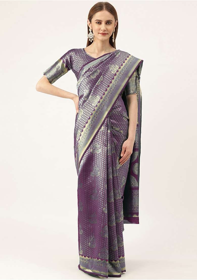 Purple Embroidered Silk Blend Saree Set for Diwali and Festive Wear - Indya