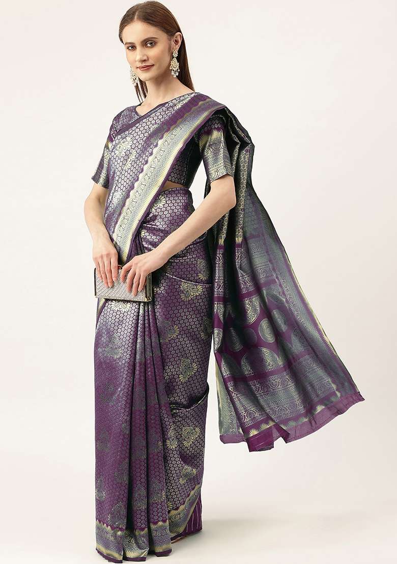Purple Embroidered Silk Blend Saree Set for Diwali and Festive Wear - Indya