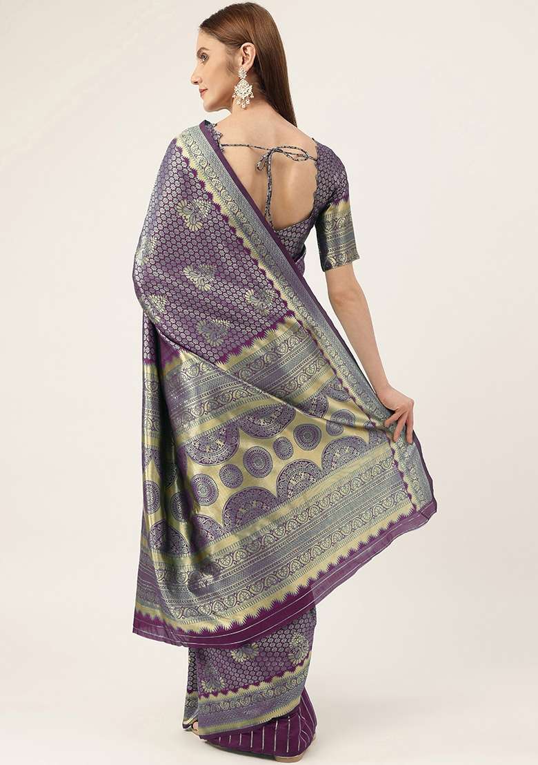 Purple Embroidered Silk Blend Saree Set for Diwali and Festive Wear - Indya