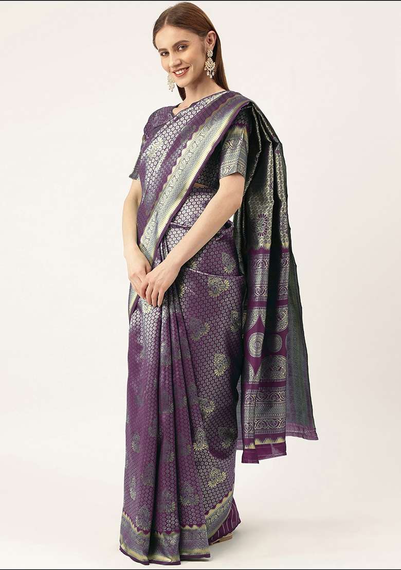 Purple Embroidered Silk Blend Saree Set for Diwali and Festive Wear - Indya
