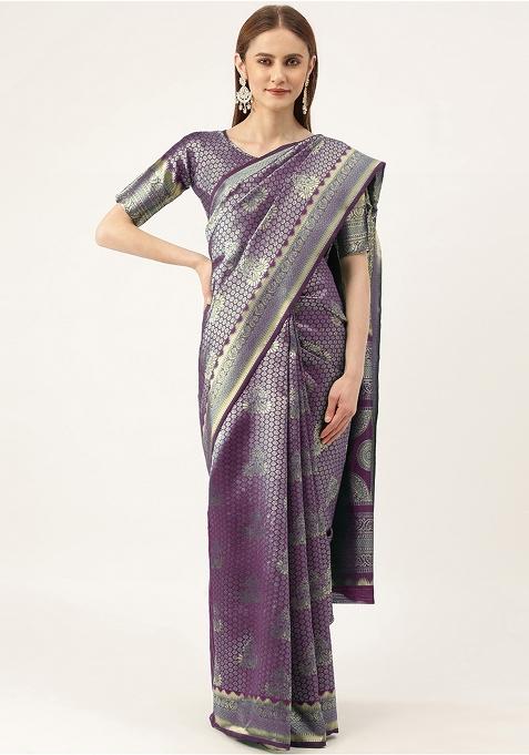 Purple Embroidered Silk Saree Set
