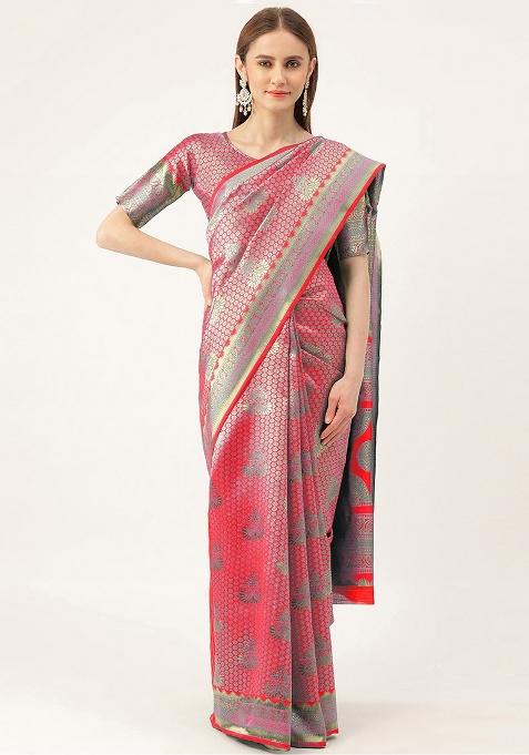 Pink Embroidered Silk Saree Set