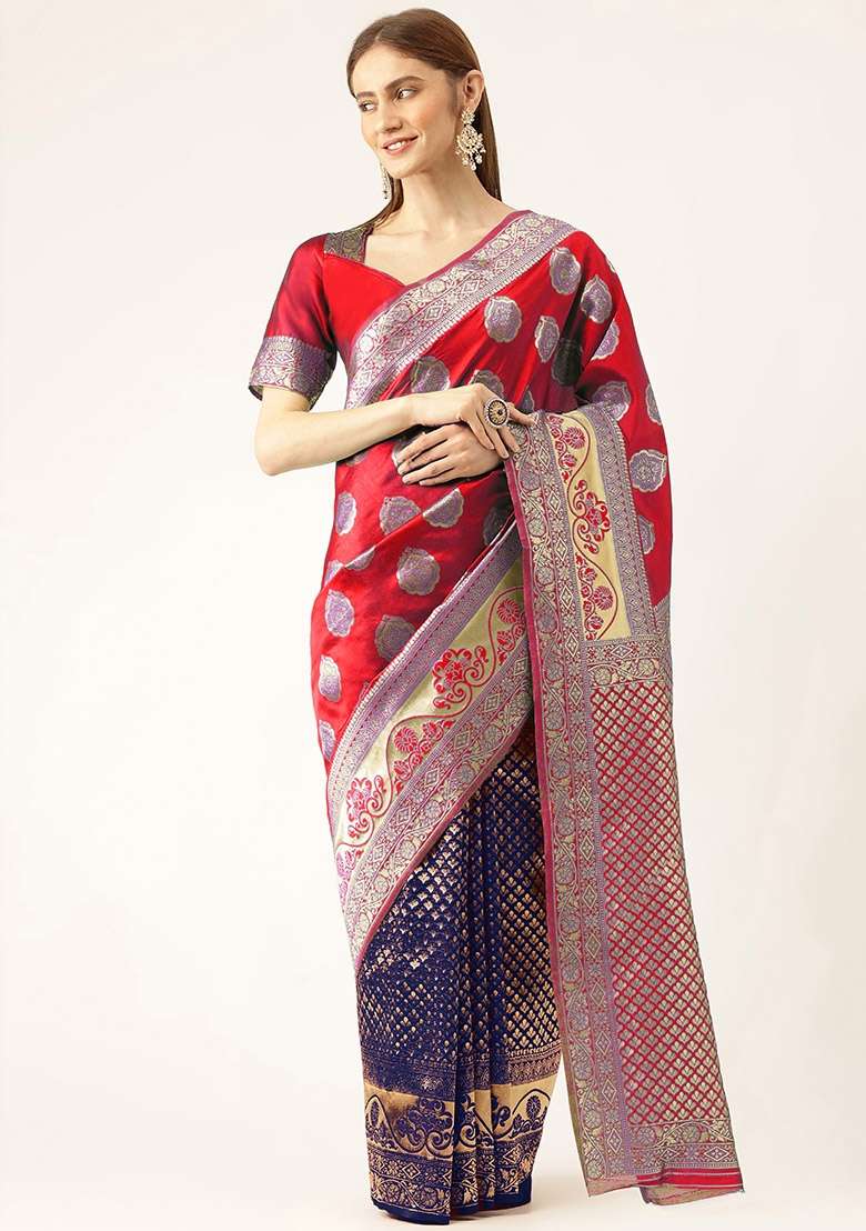 Red Blue Embroidered Silk Saree Set - Indya