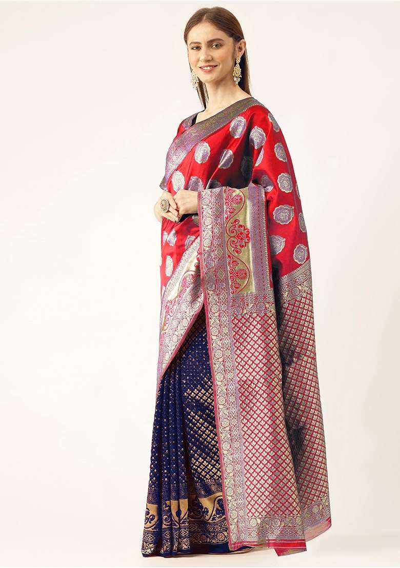 Red Blue Embroidered Silk Saree Set - Indya