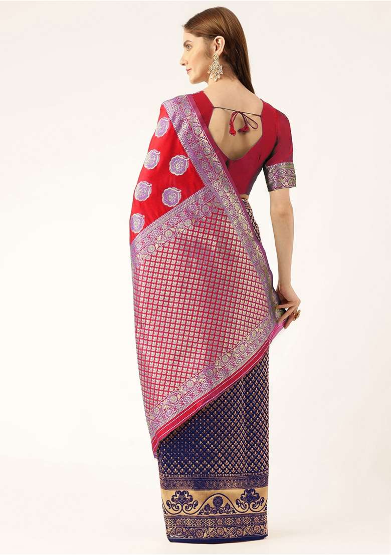 Red Blue Embroidered Silk Saree Set - Indya