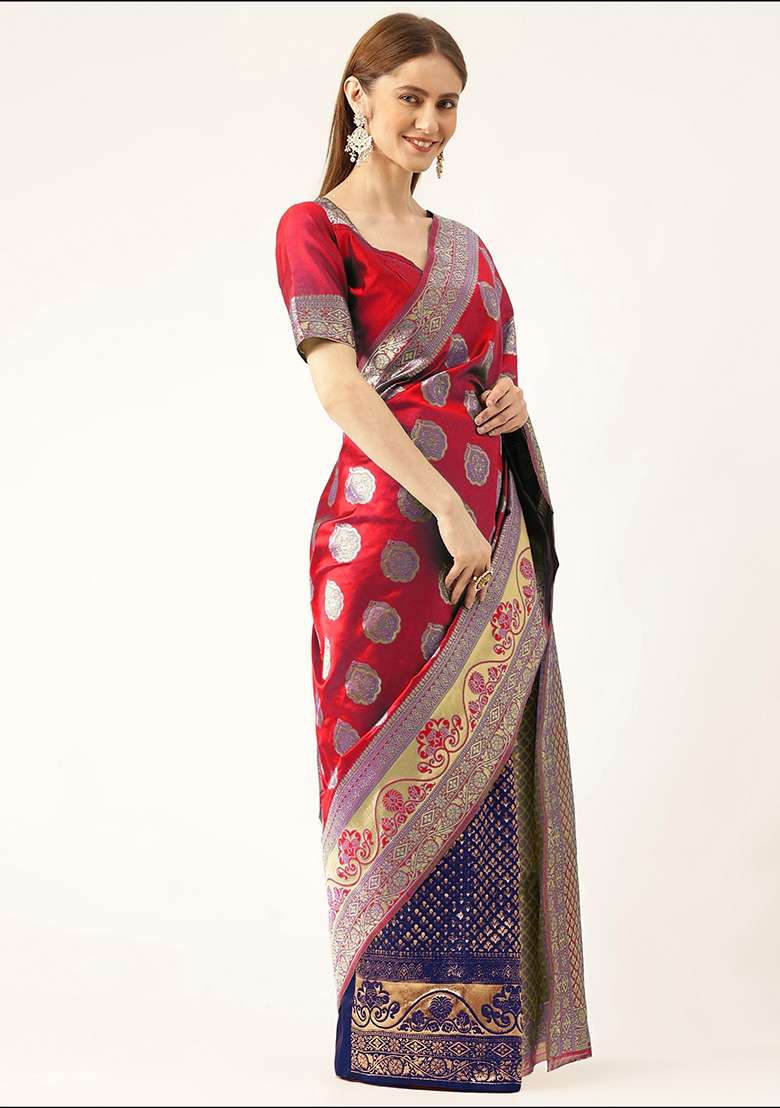 Red Blue Embroidered Silk Saree Set - Indya