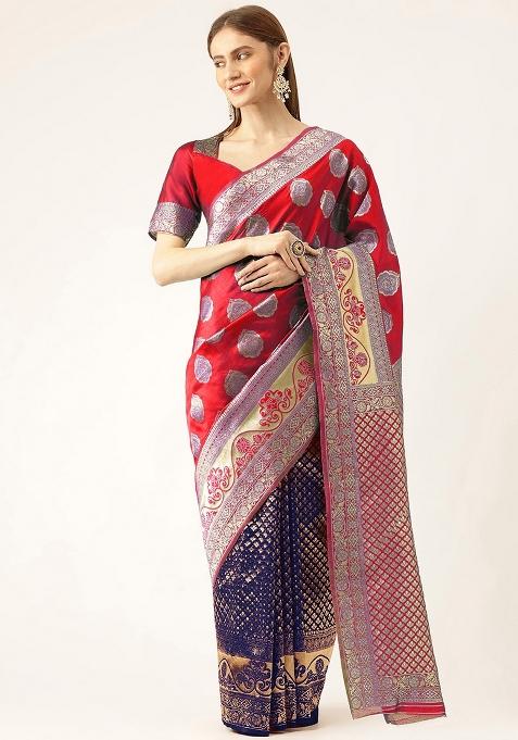 Red Blue Embroidered Silk Saree Set