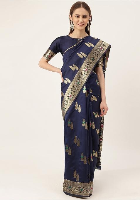 Blue Embroidered Silk Saree Set