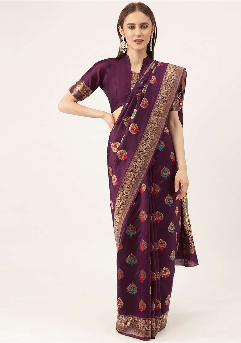 Purple Silk Blend Saree Set with Embroidered for Diwali | Wedding & Festive Wear - Indya