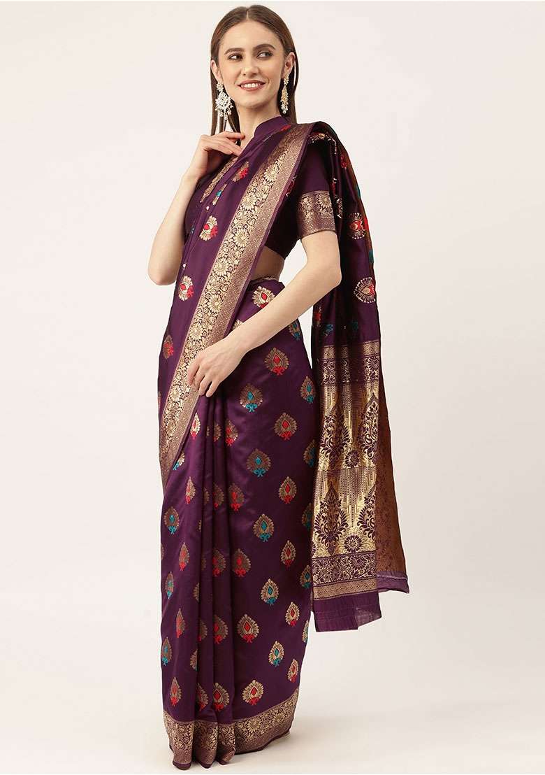 Purple Silk Blend Saree Set with Embroidered for Diwali | Wedding & Festive Wear - Indya