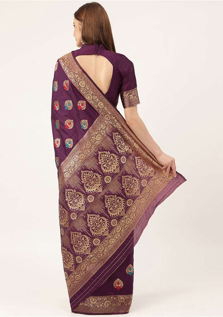 Purple Silk Blend Saree Set with Embroidered for Diwali | Wedding & Festive Wear - Indya