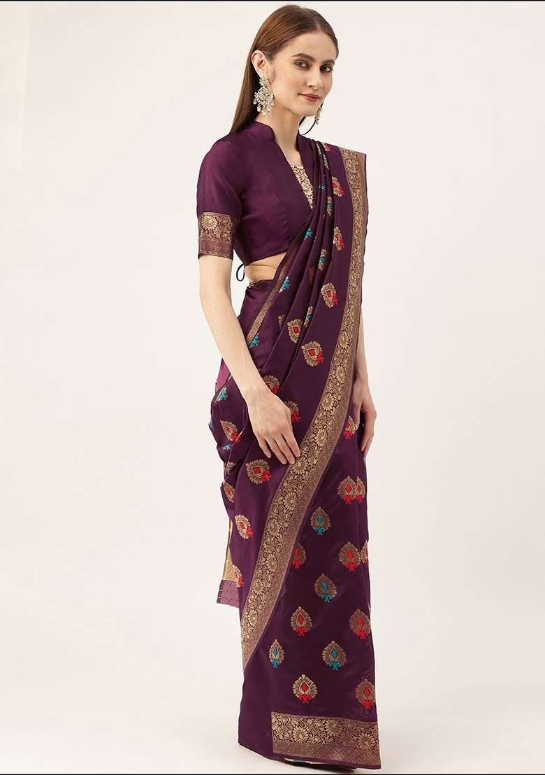 Purple Silk Blend Saree Set with Embroidered for Diwali | Wedding & Festive Wear - Indya