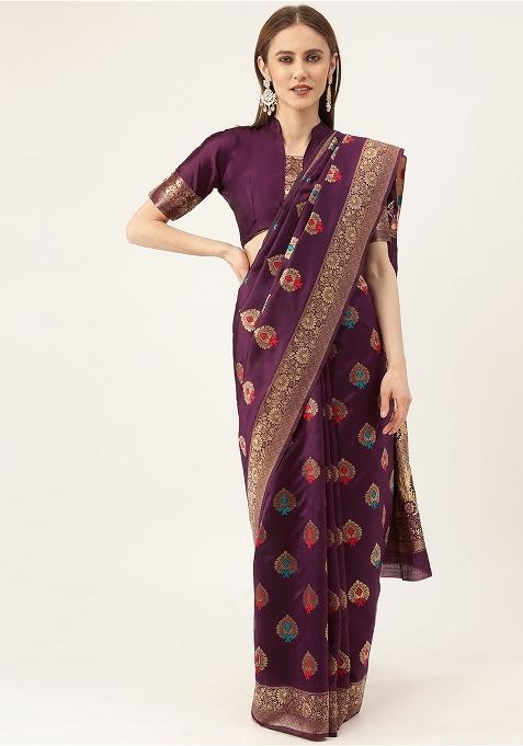 Purple Embroidered Silk Saree Set
