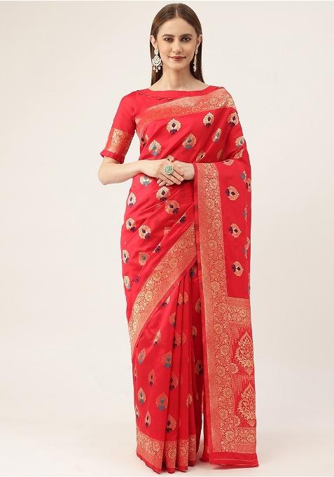 Red Embroidered Silk Saree Set
