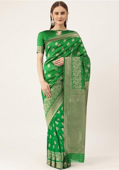 Green Embroidered Silk Saree Set