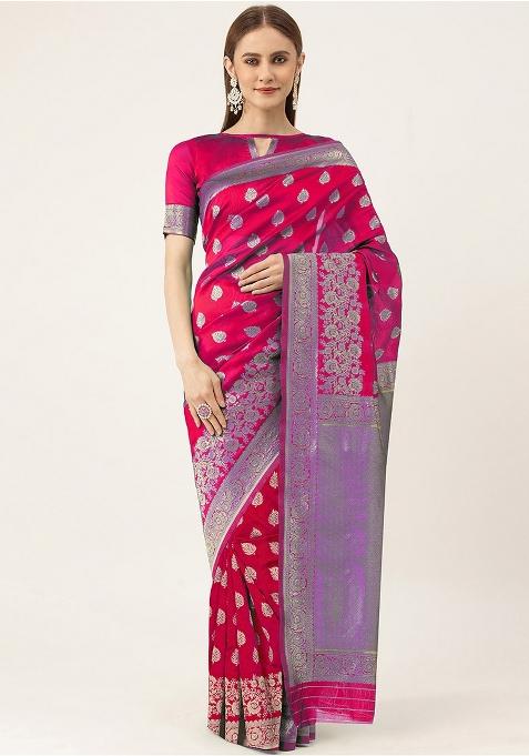 Pink Embroidered Silk Saree Set