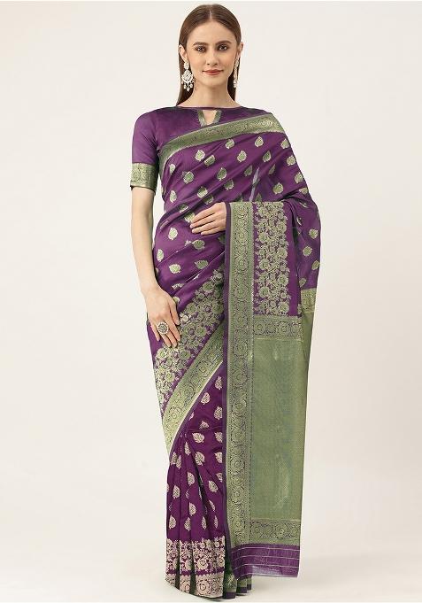 Purple Embroidered Silk Saree Set