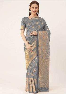 Grey Embroidered Silk Saree Set