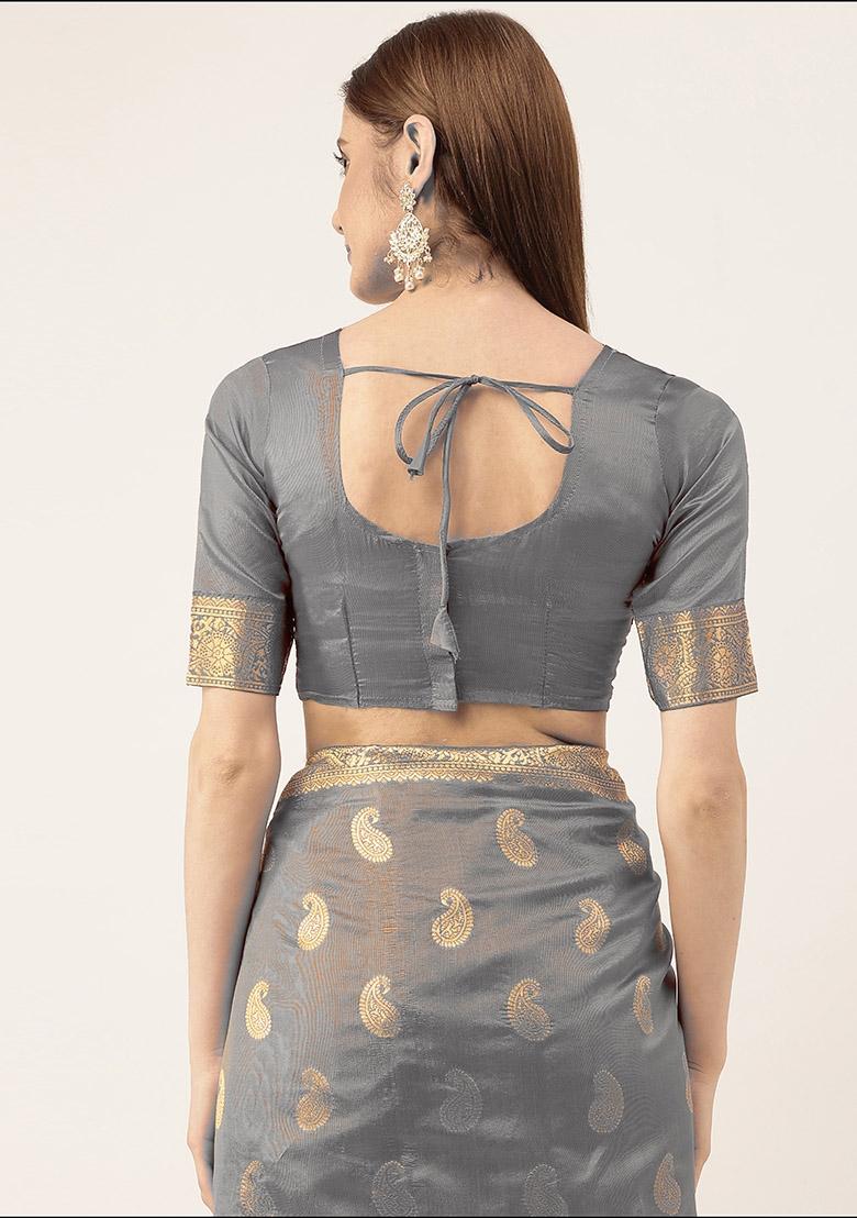 Grey Embroidered Silk Saree Set - Indya