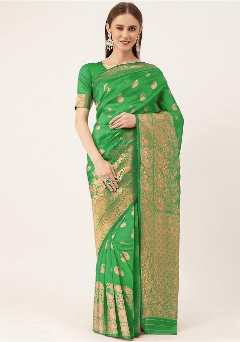 Green Embroidered Silk Saree Set