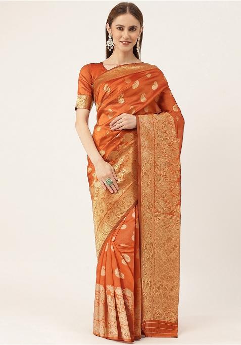Orange Embroidered Silk Saree Set