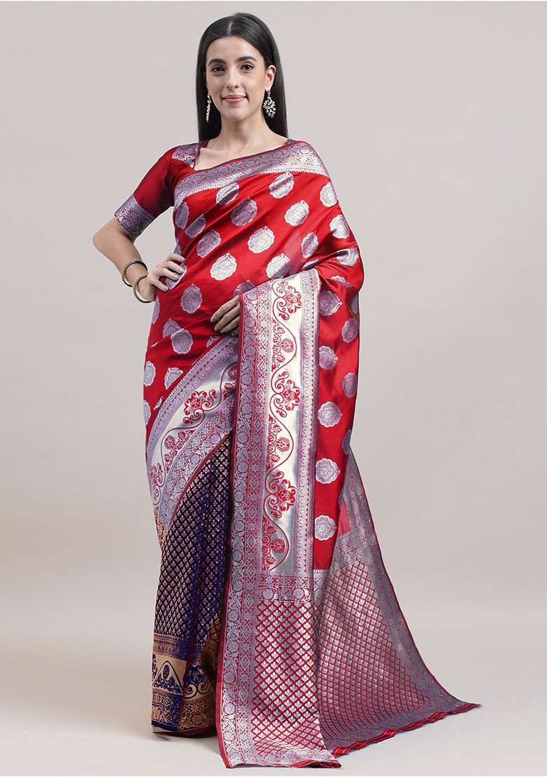 Red Blue Embroidered Silk Saree Set - Indya