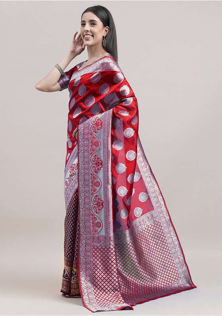 Red Blue Embroidered Silk Saree Set - Indya