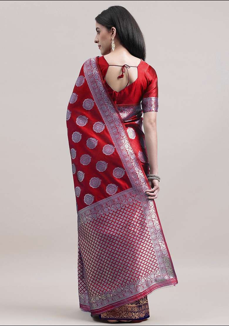 Red Blue Embroidered Silk Saree Set - Indya