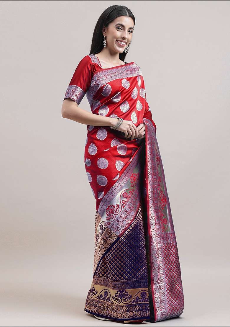 Red Blue Embroidered Silk Saree Set - Indya