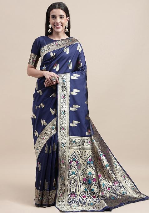 Blue Embroidered Silk Saree Set