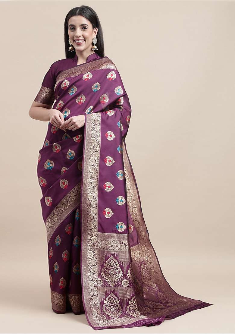 Purple Silk Blend Saree Set with Embroidered for Diwali | Wedding & Festive Wear - Indya