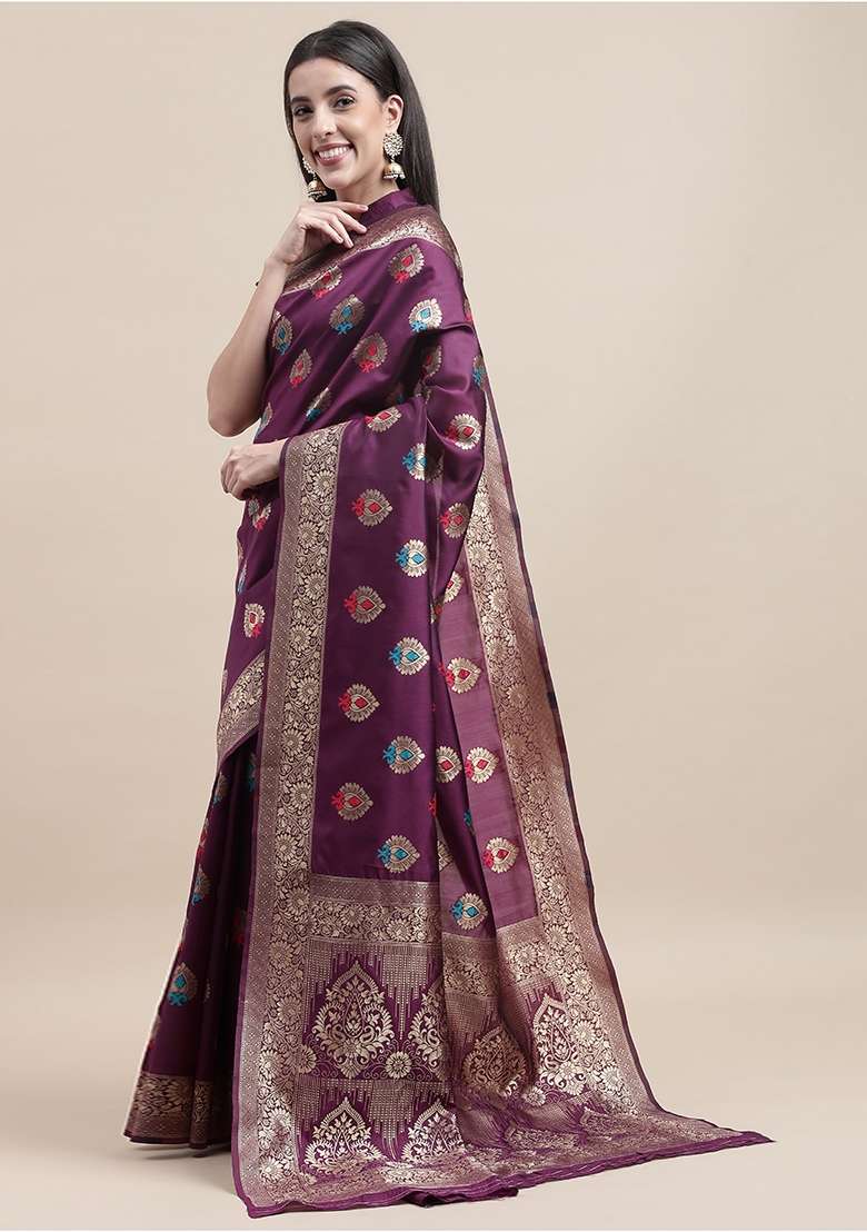 Purple Silk Blend Saree Set with Embroidered for Diwali | Wedding & Festive Wear - Indya