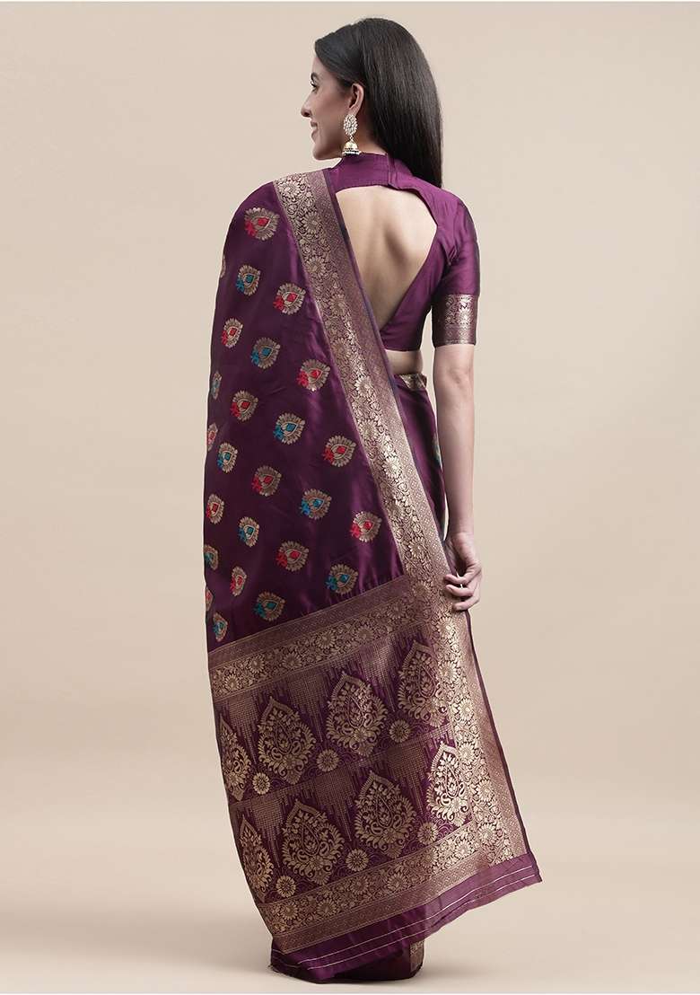 Purple Silk Blend Saree Set with Embroidered for Diwali | Wedding & Festive Wear - Indya