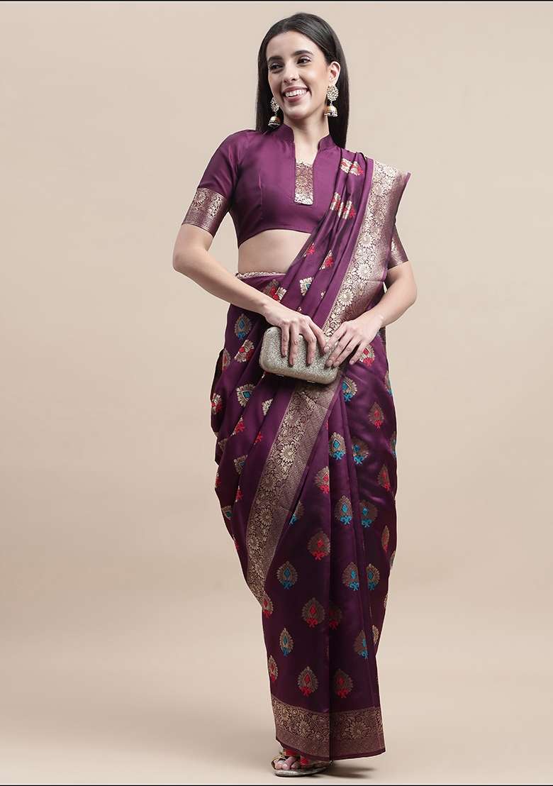 Purple Silk Blend Saree Set with Embroidered for Diwali | Wedding & Festive Wear - Indya