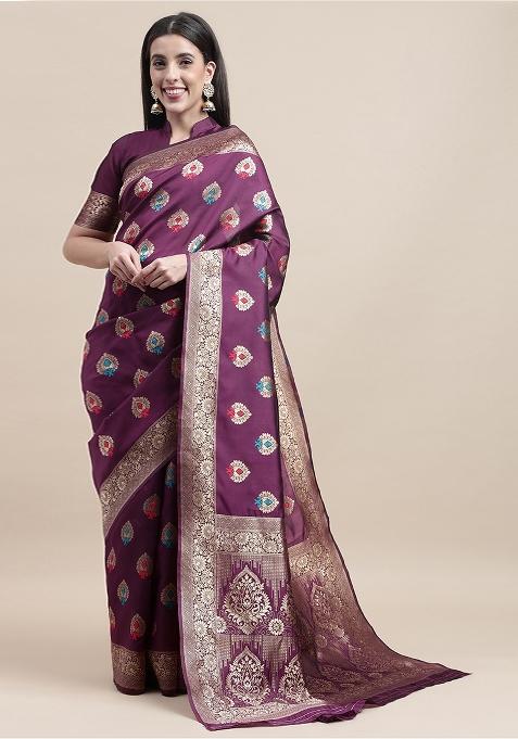 Purple Embroidered Silk Saree Set
