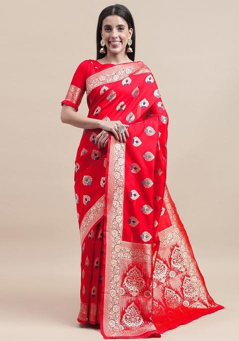 Red Embroidered Silk Saree Set