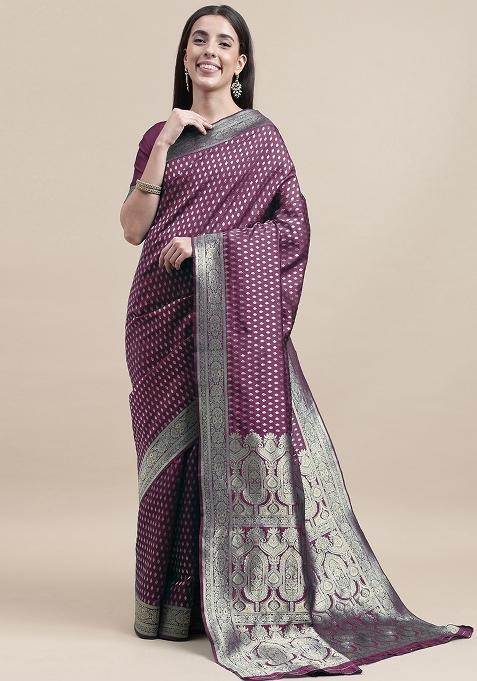 Purple Embroidered Silk Saree Set